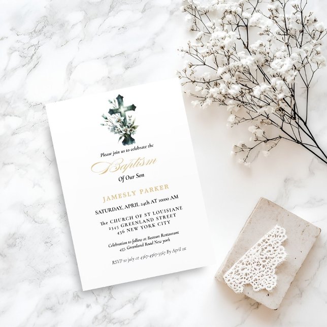 Invitation Elégant aquarelle Floral Cross Baptism (Créateur téléchargé)