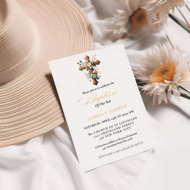 Invitation Elégant aquarelle Floral Cross Baptism (Créateur téléchargé)