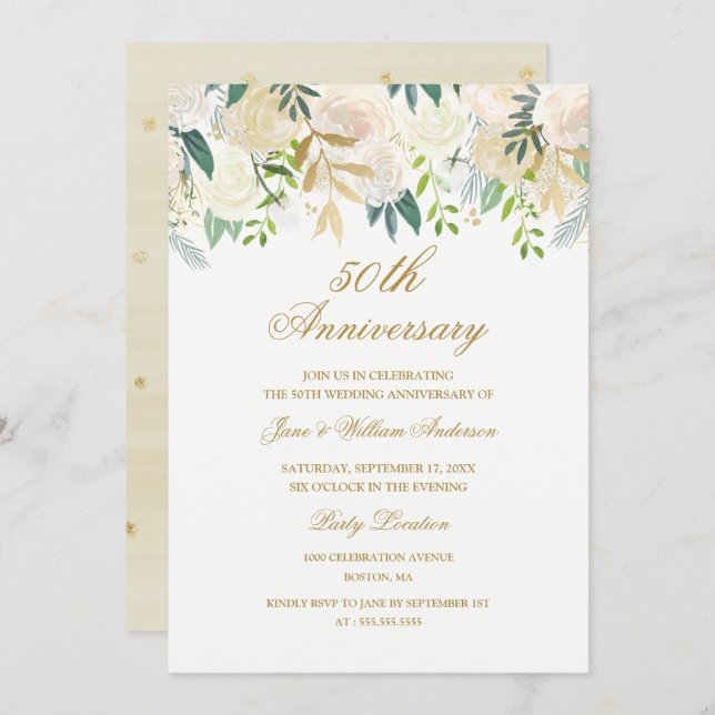 Invitation Elégant aquarelle Floral Gold Anniversaire (Devant / Derrière)