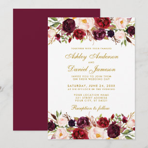Invitation Élégant aquarelle floral mariage bordeaux or