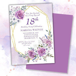Invitation Élégant aquarelle floral violet 18e anniversaire