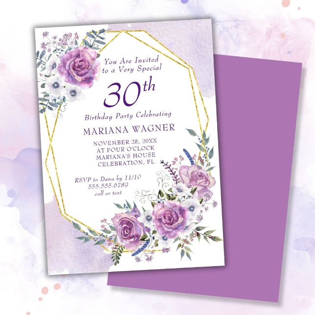 Invitation Élégant aquarelle floral violet 30e anniversaire (Créateur téléchargé)