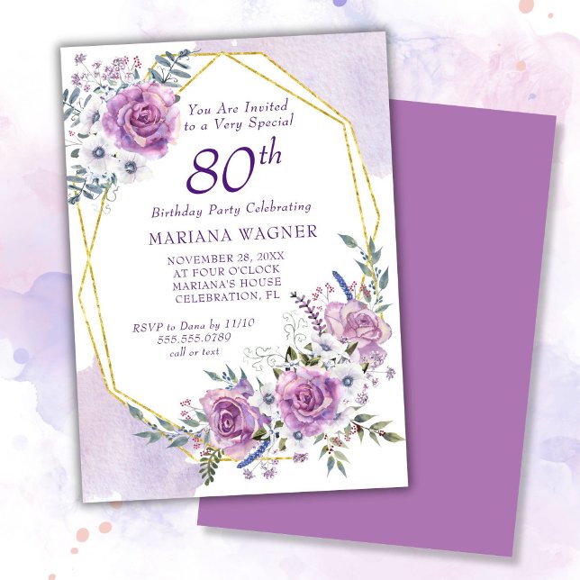 Invitation Élégant aquarelle floral violet 80e anniversaire (Créateur téléchargé)