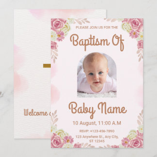 Invitation Élégant aquarelle florale rose baptême religieux