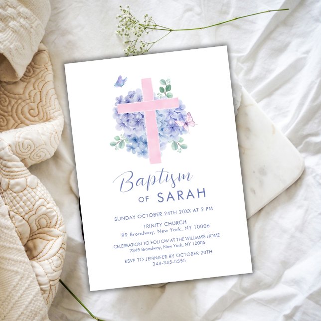 Invitation Elégant aquarelle Hydrangea Flower Cross Baptisant (Elegant Watercolor Hydrangea Flower Cross Baptism Invitation)