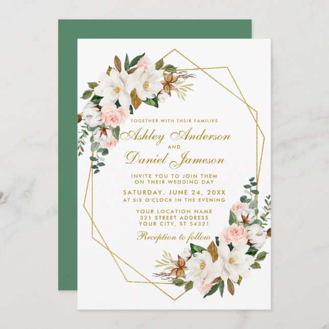 Invitation Elégant Aquarelle Magnolias Rose Mariage or (Devant / Derrière)