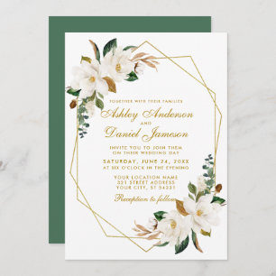 Invitation Elégant Aquarelle Magnolias Verdure Mariage Or