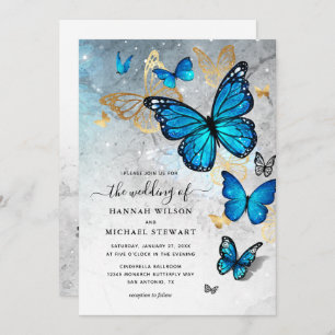 Invitation Elégant Aquarelle Mariage Bleu Or