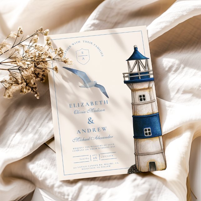 Invitation Elégant aquarelle Mariage phare nautique (Créateur téléchargé)