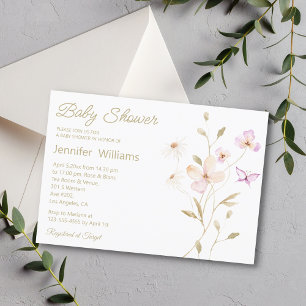 Invitation élégant aquarelle marron rose floral baby shower