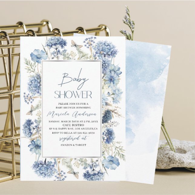 Invitation Elégant Aquarelle Moderne Fleurs Bleues Baby Showe (Créateur téléchargé)