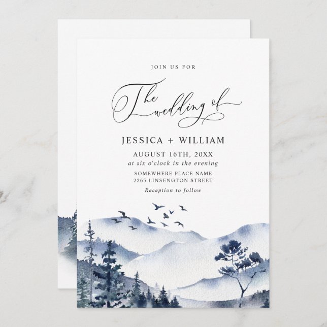 Invitation Elégant Aquarelle Montagnes Mariage forestier (Devant / Derrière)