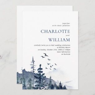 Invitation Elégant Aquarelle Montagnes Mariage forestier