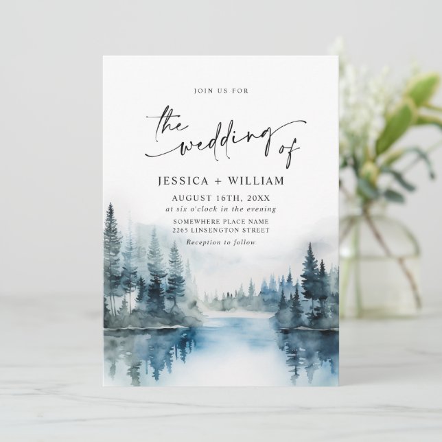 Invitation Elégant Aquarelle Montagnes Mariage forestier (Debout devant)