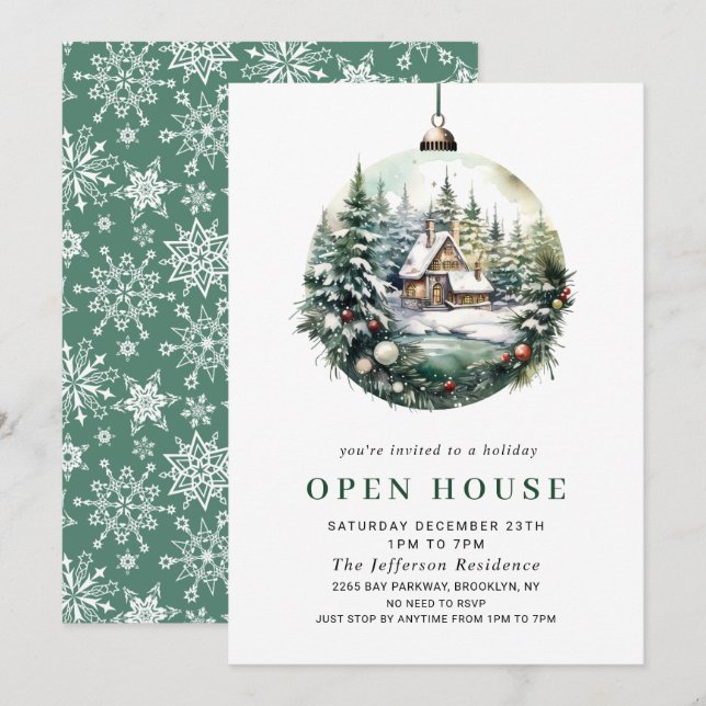 Invitation Elégant aquarelle ornement Noël OPEN HOUSE (Devant / Derrière)