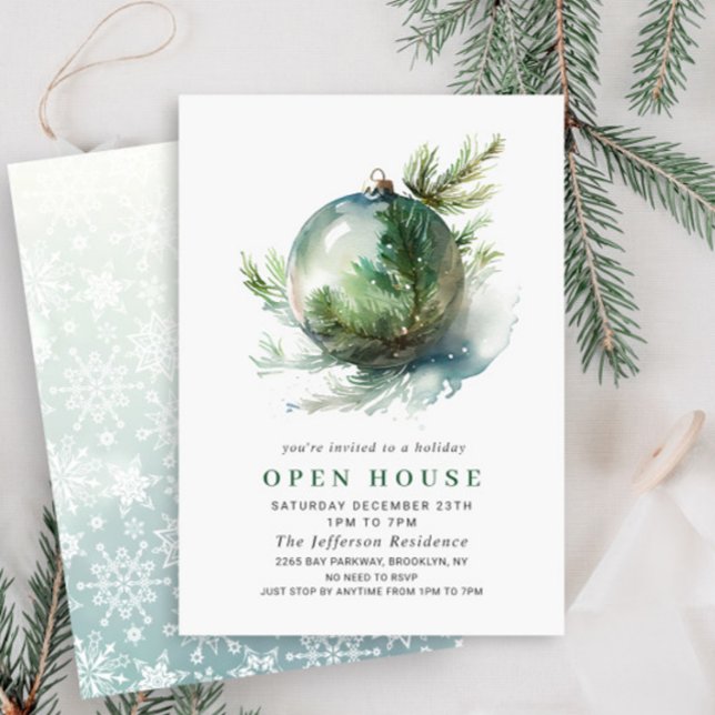 Invitation Elégant aquarelle ornement Noël OPEN HOUSE (Créateur téléchargé)