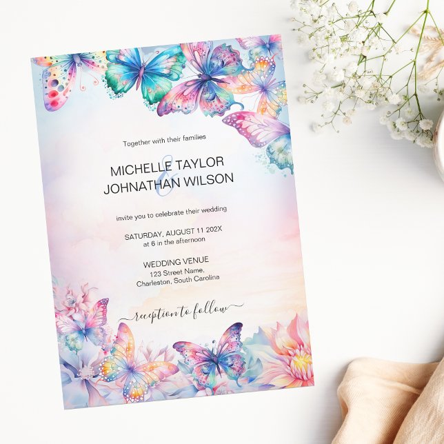 Invitation Elégant Aquarelle Papillon Fleur sauvage coloré (colorful watercolor butterfly)