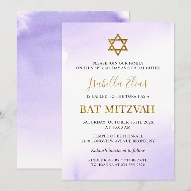 Invitation Elégant Aquarelle Pastel Purple Gold Bat mitzvah (Devant / Derrière)