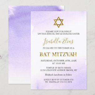 Invitation Elégant Aquarelle Pastel Purple Gold Bat mitzvah