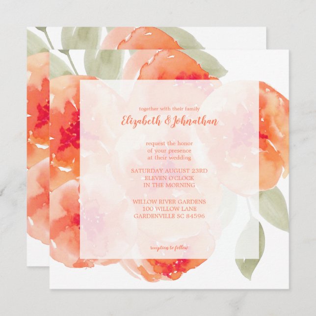 Invitation Elégant Aquarelle Pêche pivoines Floral Mariage (Devant / Derrière)