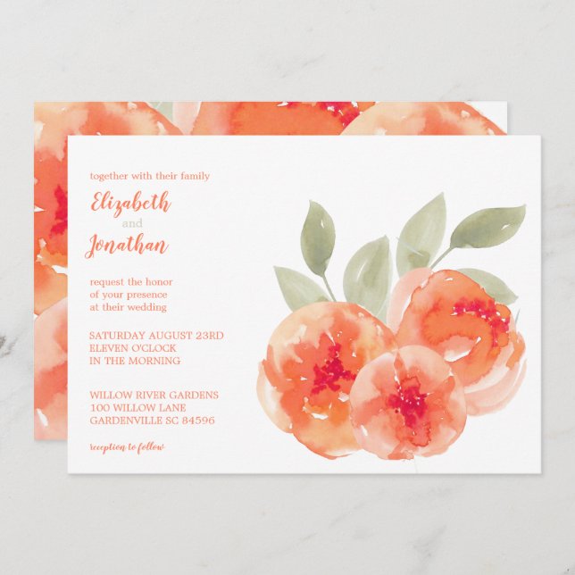 Invitation Elégant Aquarelle Pêche pivoines Floral Mariage (Devant / Derrière)