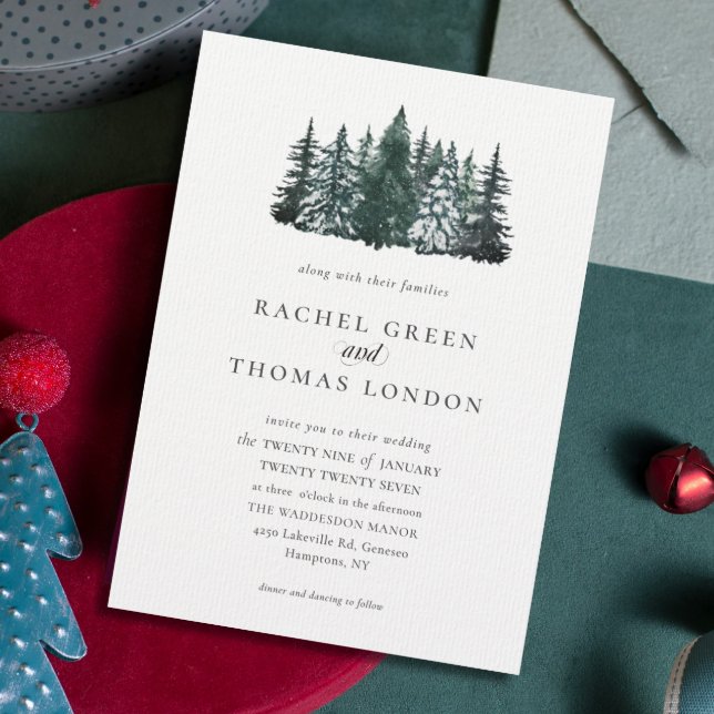 Invitation Elégant Aquarelle Pins arbres Mariage d'hiver (Elegant Watercolor Pine trees Winter Wedding Invitation)