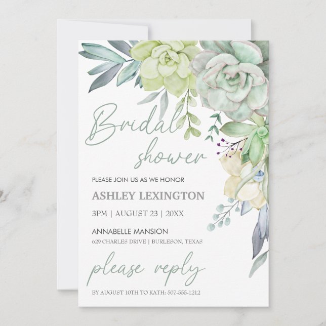 Invitation Élégant Aquarelle Plantes Succulentes BridalShower (Devant)