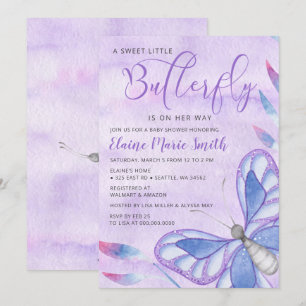 Invitation Elégant Aquarelle Purple Butterfly Baby shower
