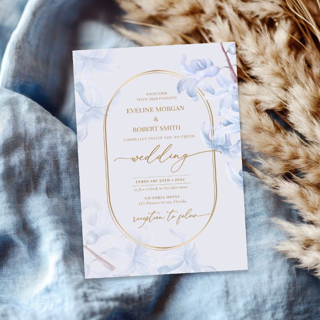 Invitation Elégant Aquarelle ressort bleu hyacinthe or (Elegant Watercolor spring blue hyacinth gold Invitation)