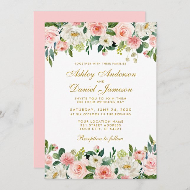 Invitation Elégant Aquarelle rose Blush Floral Mariage (Devant / Derrière)