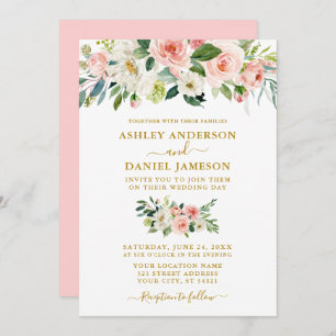 Invitation Elégant Aquarelle rose Blush Floral Mariage Or