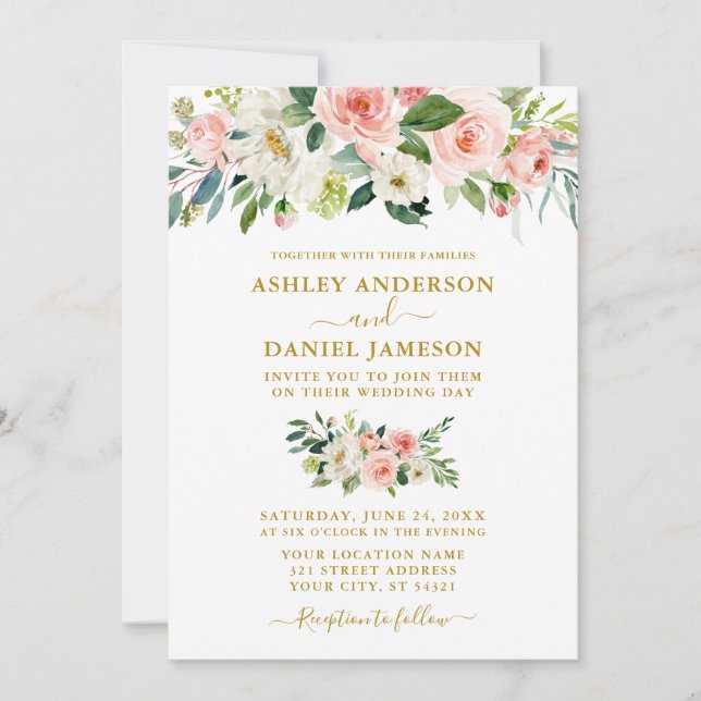 Invitation Elégant Aquarelle rose Blush Floral Mariage or (Devant)