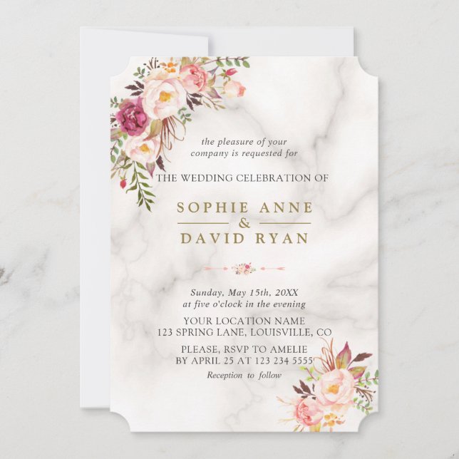 Invitation Elégant Aquarelle rose Fleurs Mariage en marbre (Devant)
