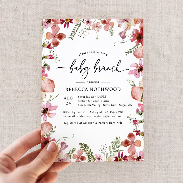 Invitation Elégant Aquarelle rose Floral Baby Brunch (Créateur téléchargé)