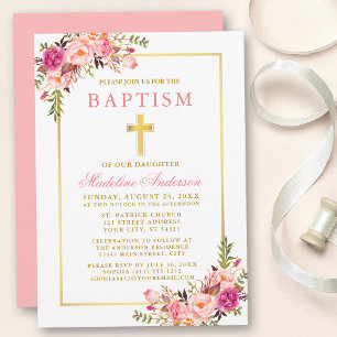 Invitation Elégant aquarelle rose floral Baptême