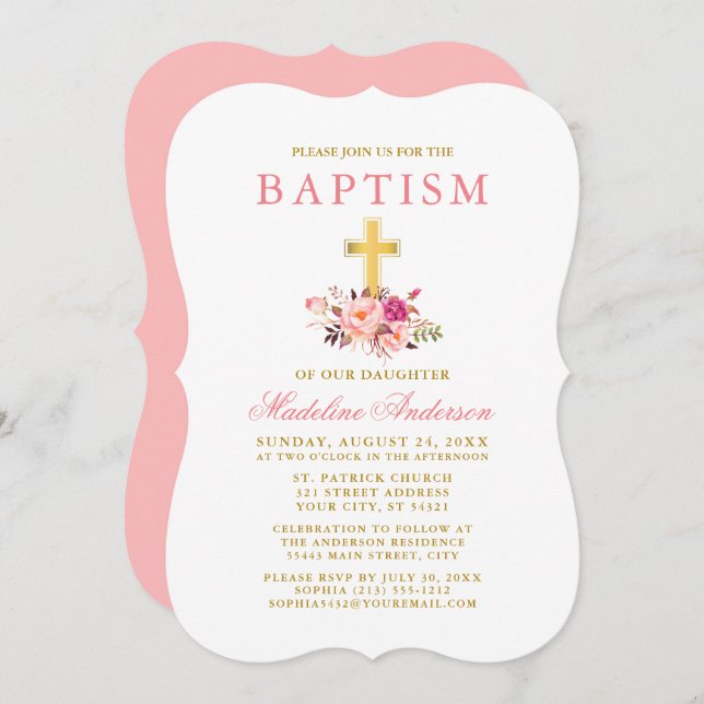Invitation Elégant Aquarelle rose Floral Baptism Or (Devant / Derrière)