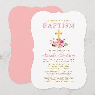 Invitation Elégant Aquarelle rose Floral Baptism Or