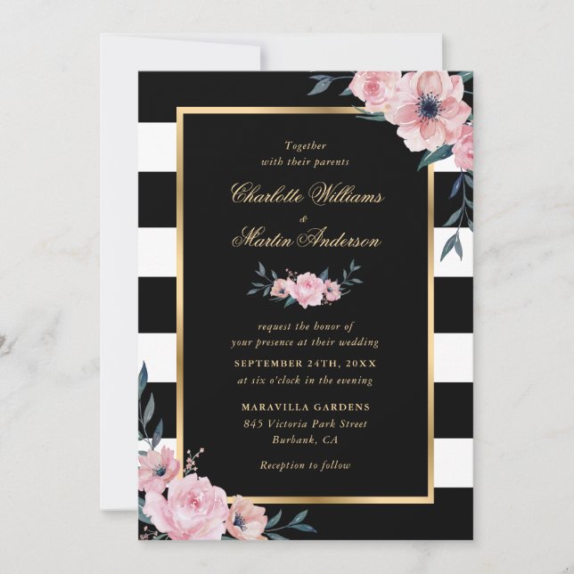 Invitation Elégant Aquarelle rose Floral Mariage rayé (Devant)