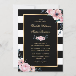 Invitation Elégant Aquarelle rose Floral Mariage rayé