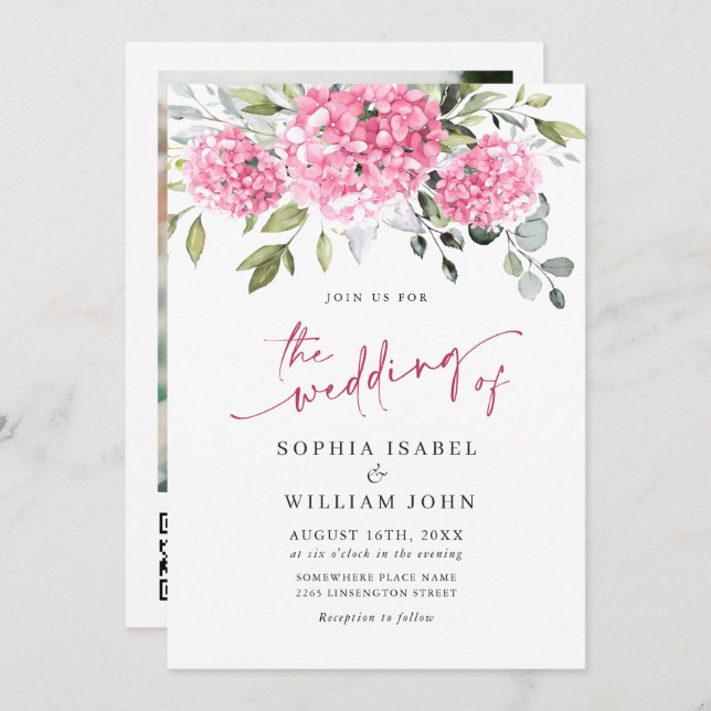 Invitation Elégant aquarelle rose Hydrangea Mariage photo (Devant / Derrière)