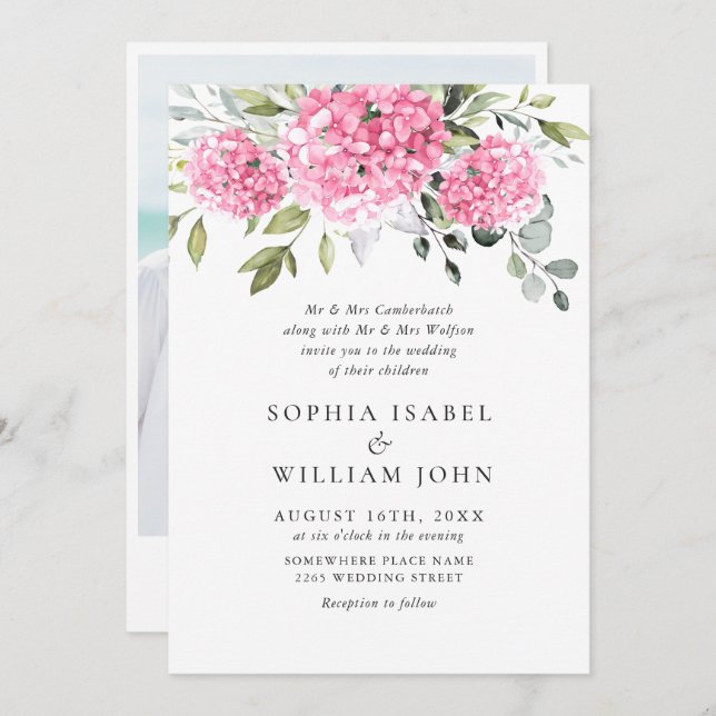 Invitation Elégant aquarelle rose Hydrangea Mariage photo (Devant / Derrière)