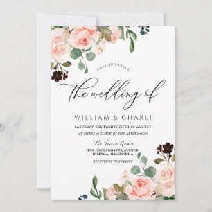 Invitation Elégant Aquarelle rose pâle Fleurs Mariage