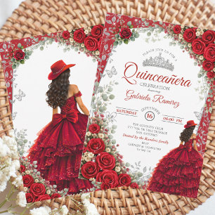 Invitation Élégant aquarelle rouge et argent pour Quinceañera