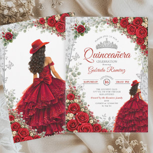 Invitation Élégant aquarelle rouge et argent pour Quinceañera