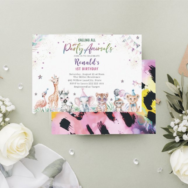 Invitation Elégant Aquarelle sauvage enfant safari animaux 1S (Créateur téléchargé)