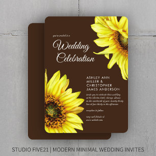 Invitation Élégant Aquarelle Tournesol Noyer Mariage Brown