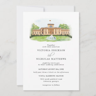 Invitation Elégant aquarelle Trakÿ Vokė Manor Mariage