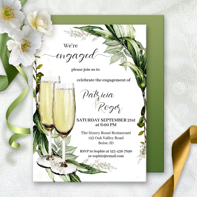 Invitation Elégant Aquarelle Verdure Champagne Fiançailles (Créateur téléchargé)