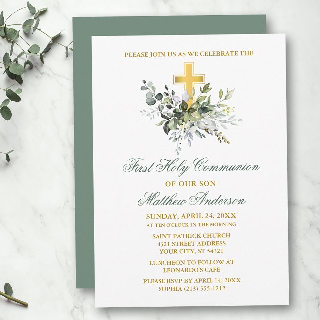 Invitation Elégant Aquarelle Verdure Communion Sage Vert (Customize to change text color, size, style or to change color of back of card.)