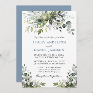 Invitation Elégant Aquarelle Verdure Dusty Blue Mariage